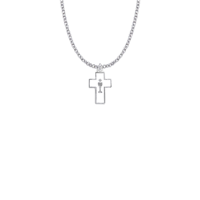 Silver Plated Enameled Cross and Centered Chalice Necklace
