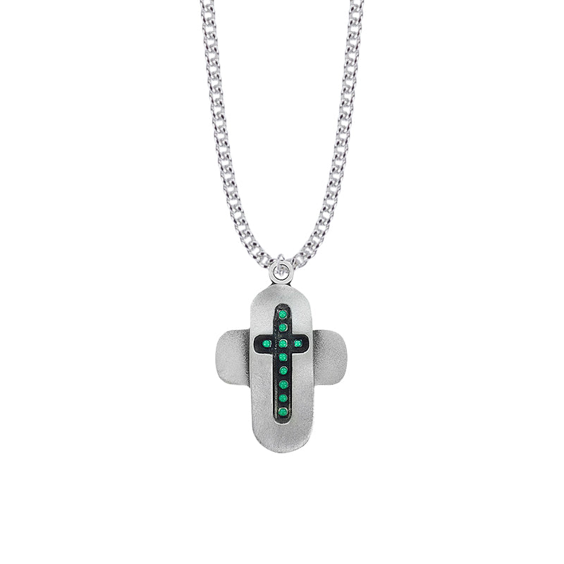 1-3/8 Inch Pewter and Green Beaded Cross Necklace