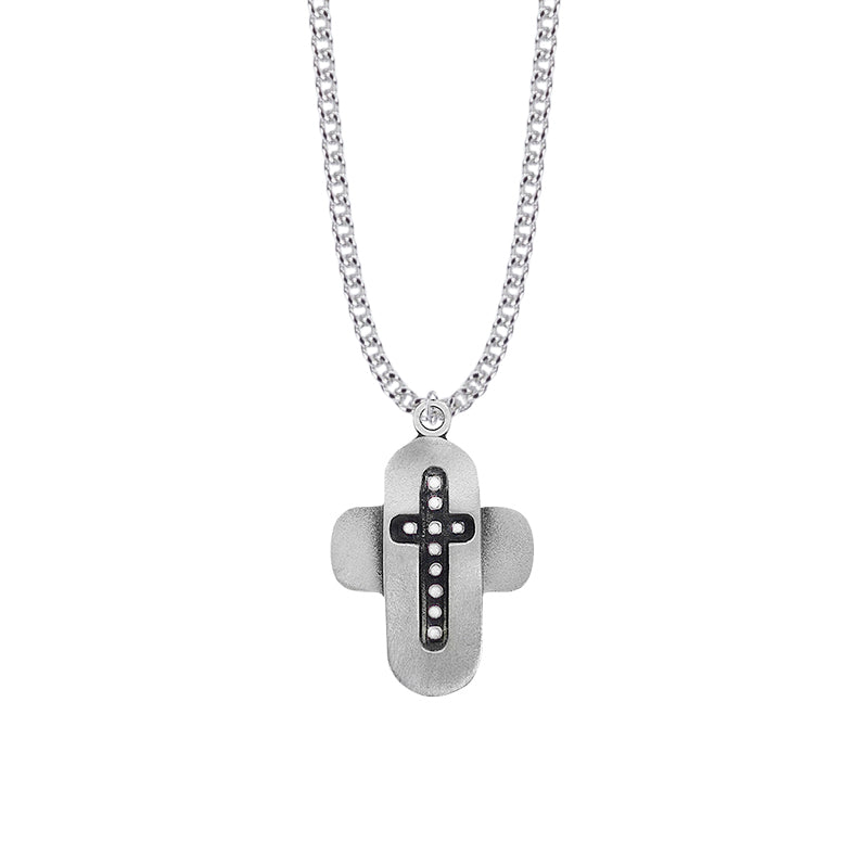 1-3/8 Inch Pewter and White Beaded Cross Necklace