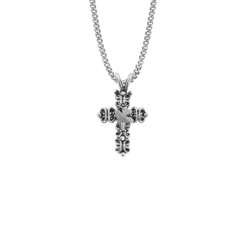 1-3/8 Inch Pewter Gothic Cross with Dove Necklace