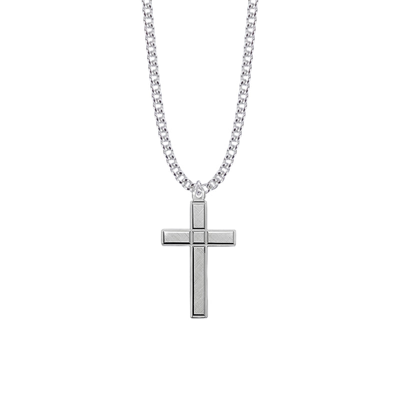 1-5/16 Inch Sterling Silver Engraved Detail Cross Necklace