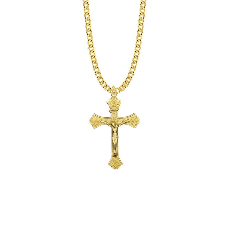 1-3/8 Inch Gold Plated Over Sterling Silver Budded Ends Antiqued Style Crucifix Necklace