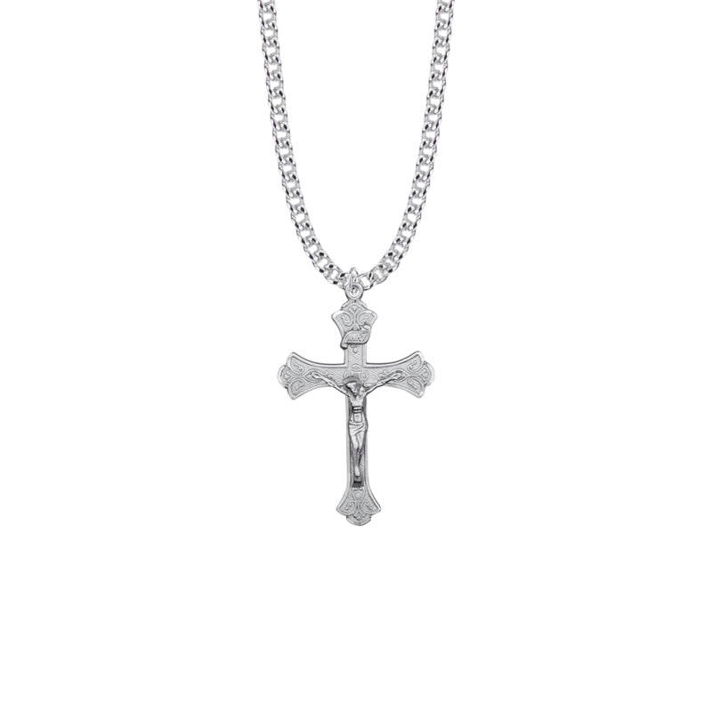 1-3/8 Inch Sterling Silver Budded Ends Antiqued Style Crucifix Necklace