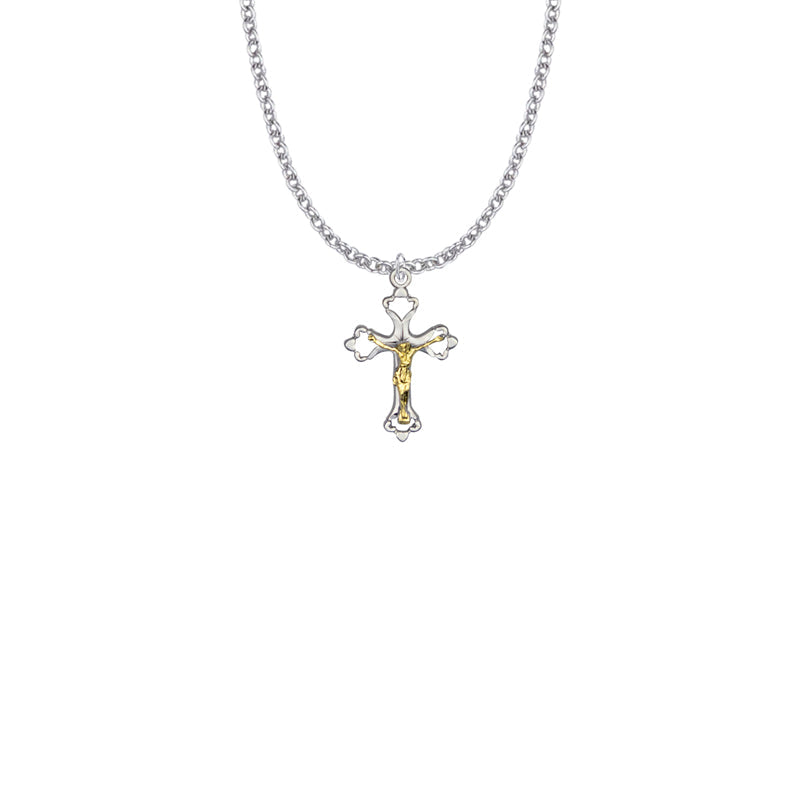 Two-Tone Sterling Silver Heart Ends Crucifix Necklace