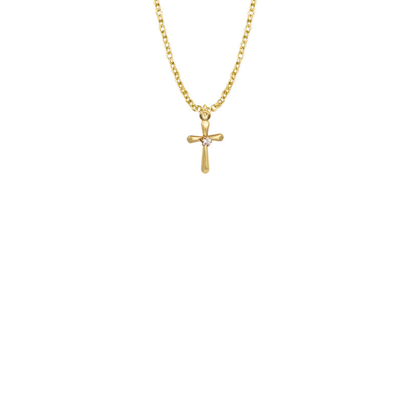 9/16 Inch Gold Plated Over Sterling Silver Baby Tube Cross with Crystal CZ Stone Center Necklace