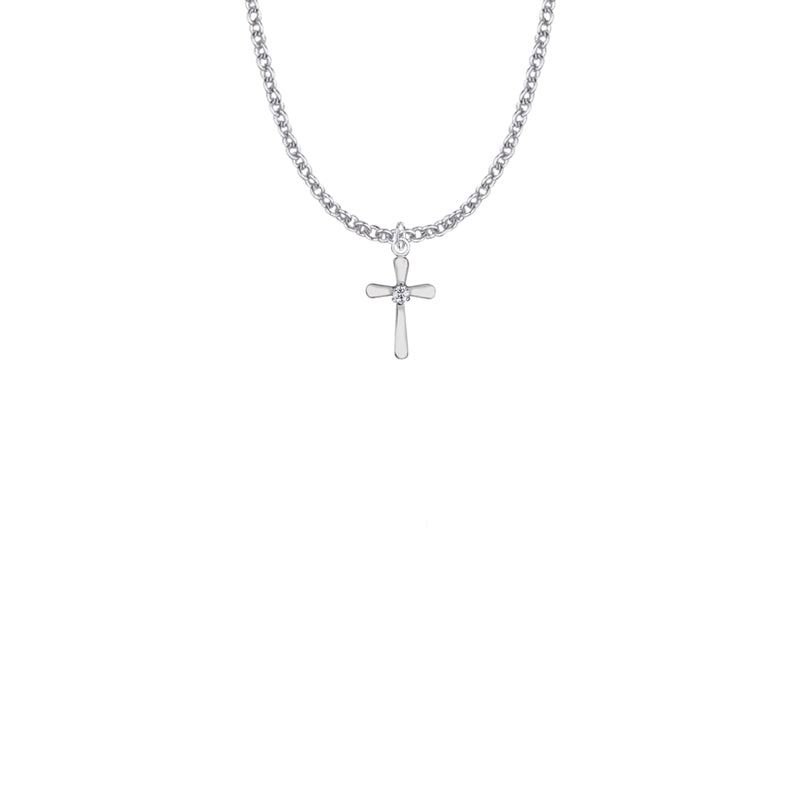 9/16 Inch Sterling Silver Rounded Ends Cross Necklace with Cubic Zirconia Stone