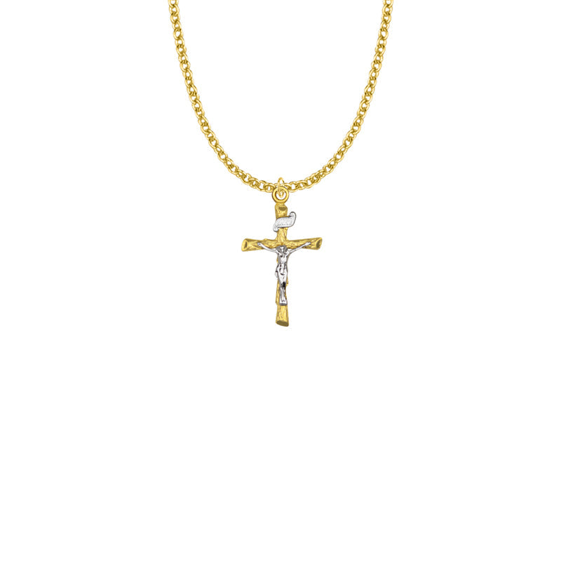 Two-Tone Gold Plated Over Sterling Silver Wooden Log Crucifix Necklace
