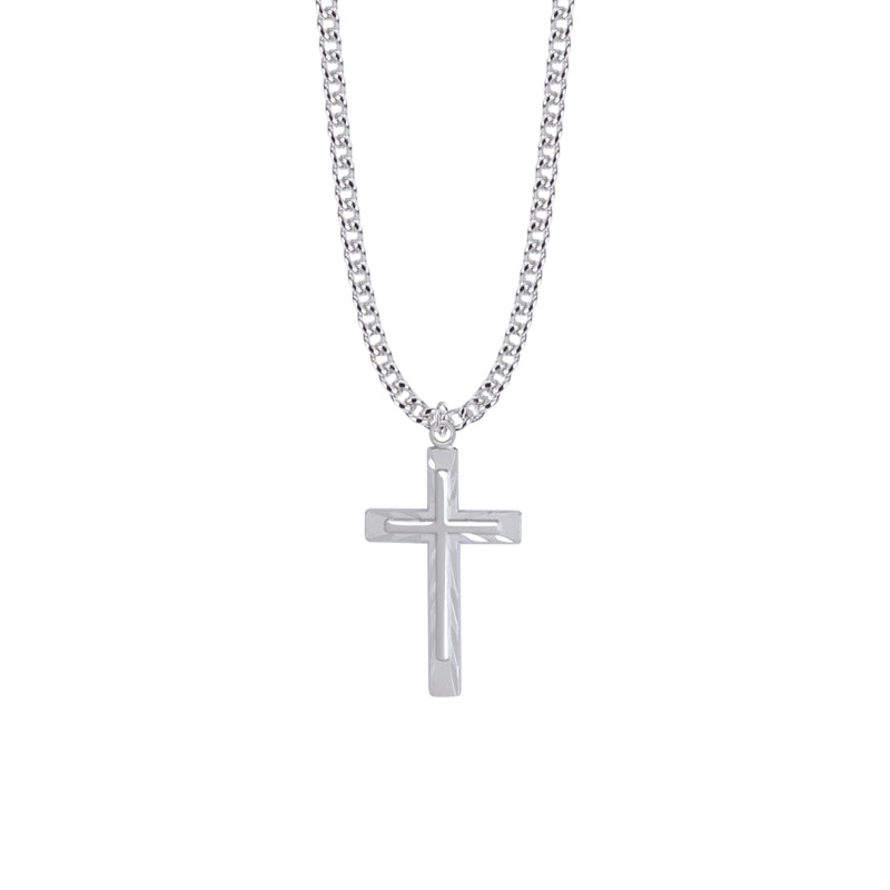 Sterling Silver Diamond Engraved Inner Cross Necklace