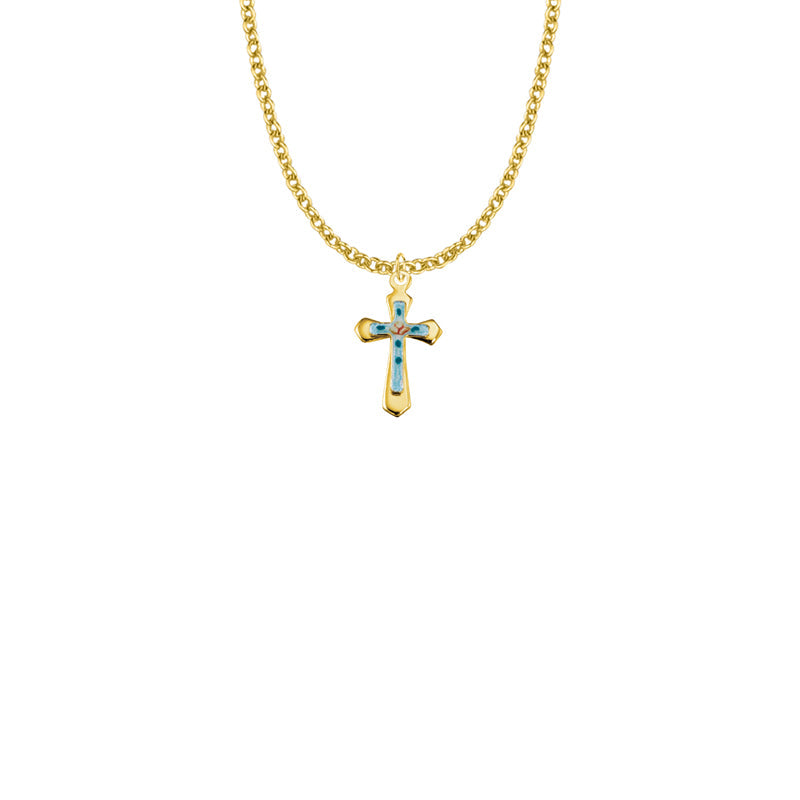 11/16 Inch Gold Plated Over Sterling Silver Enameled Rose and Pointed Ends Cross Necklace