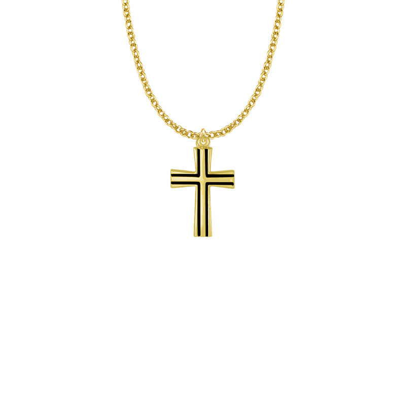 Gold Plated Over Sterling Silver Flared Cross with Black Enamel Detailing Necklace