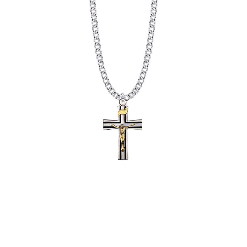 Two-Tone Sterling Silver Black Enameled Crucifix Necklace