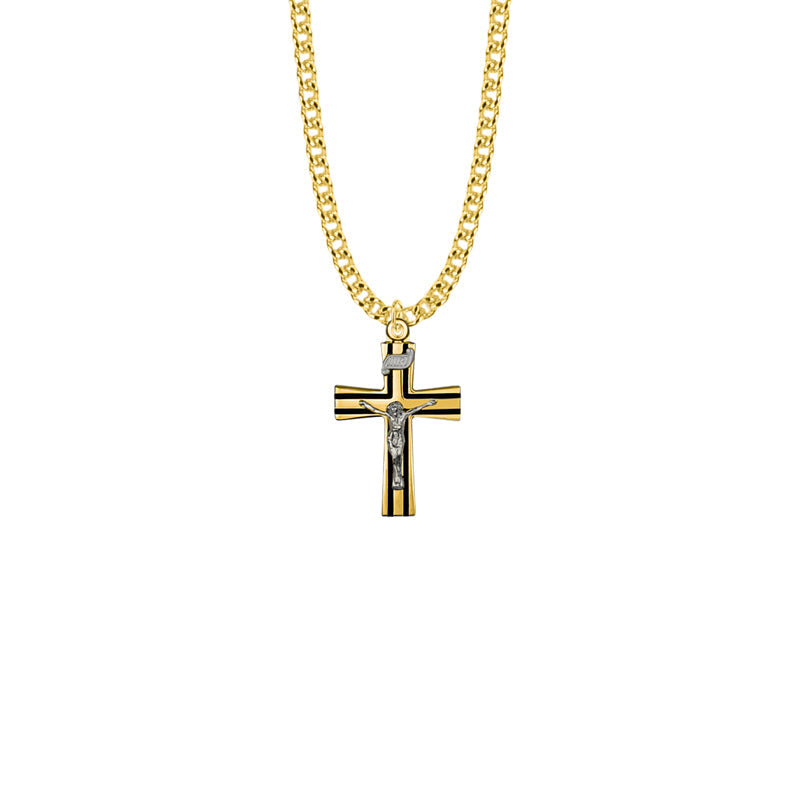 Two-Tone Gold Plated Over Sterling Silver Black Enameled Crucifix Necklace