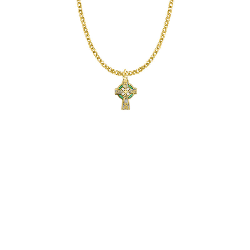 9/16 Inch 10KT Gold Filled Celtic Cross with Green Enamel Detail Cross Necklace