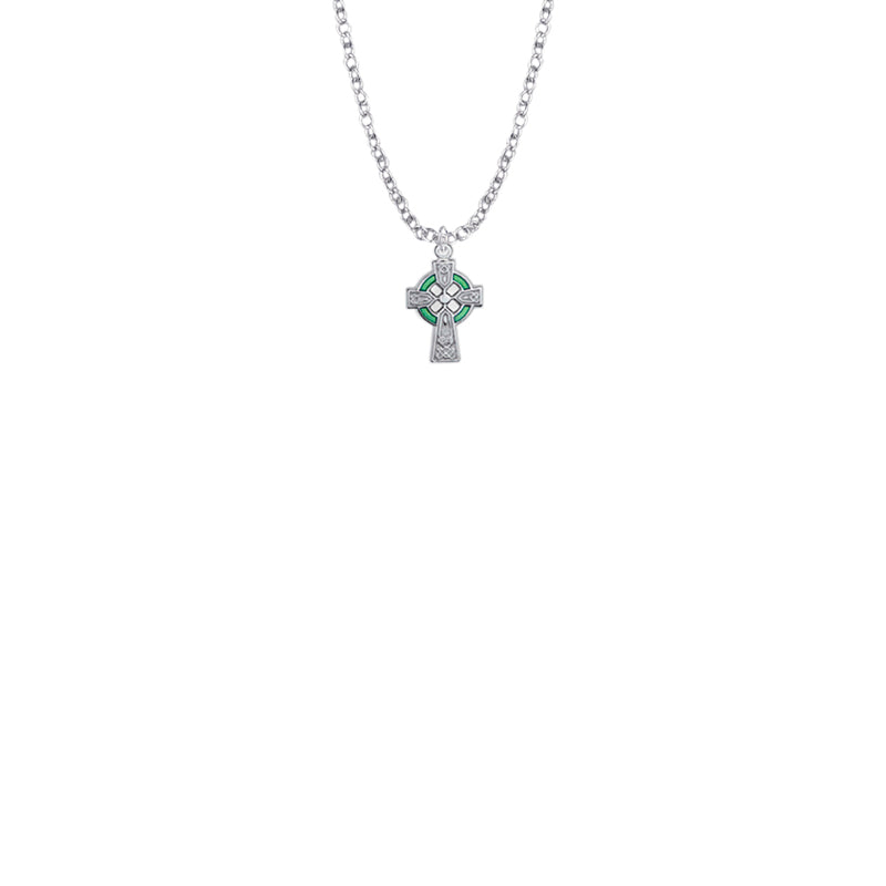 9/16 Inch Sterling Silver Celtic Cross with Green Enamel Detail Baby Cross Necklace