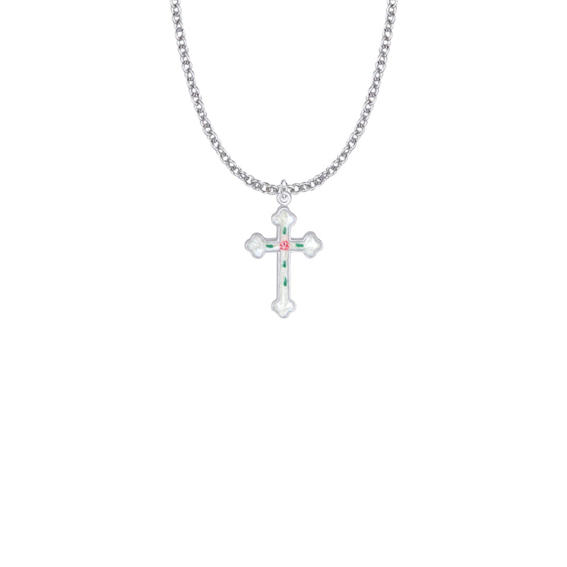 Sterling Silver Enameled Rose and Budded Ends Cross Necklace