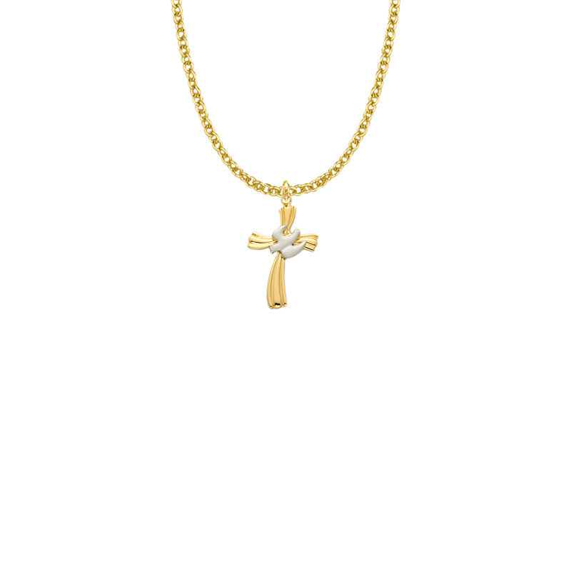 Two-Tone Gold Plated Over Sterling Silver Dove on Ribbon Cross Necklace