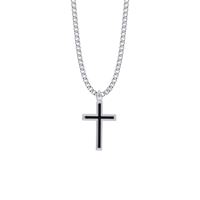 Sterling Silver Black Enameled with Raised Border Cross Necklace