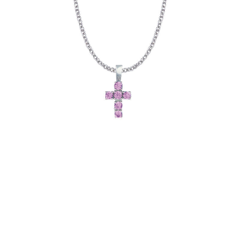 5/8 Inch Sterling Silver Cross Necklace with Amethyst Cubic Zirconia Stones