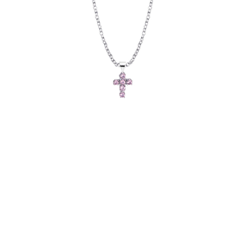 7/16 Inch Sterling Silver Baby Cross with Amethyst CZ Stones Necklace