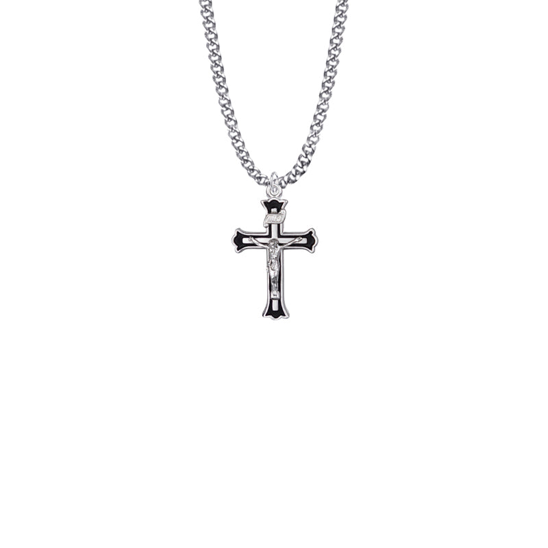 Sterling Silver Black Border Crucifix Necklace