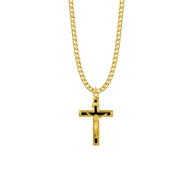Gold Plated Over Sterling Silver Black Enamel Crucifix Necklace
