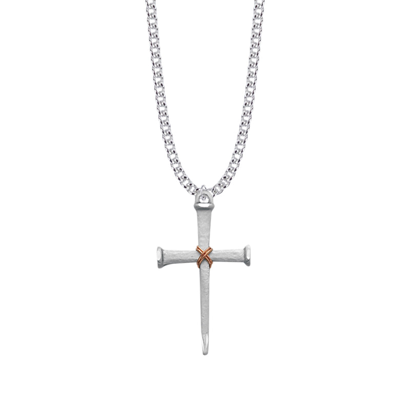 1-5/8 Inch Sterling Silver Antique Nail with Copper Rope Center Cross Necklace