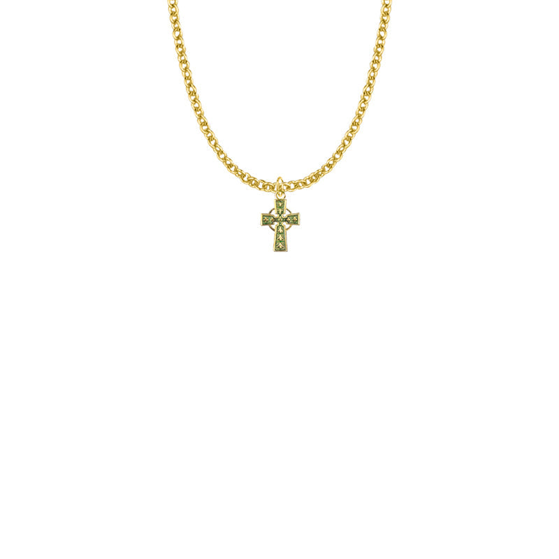 11/16 Inch Gold Plated Over Sterling Silver Small Celtic Cross with Green Detailing Necklace