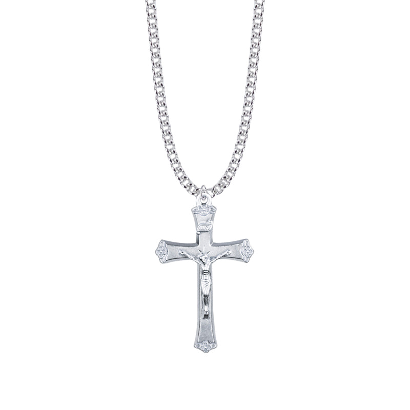 1-9/16 Inch Sterling Silver Decorative Budded Ends Crucifix Necklace