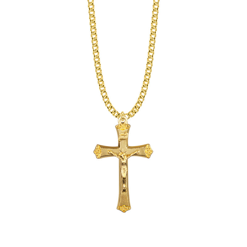 1-9/16 Inch Gold Plated Over Sterling Silver Decorative Budded Ends Crucifix Necklace