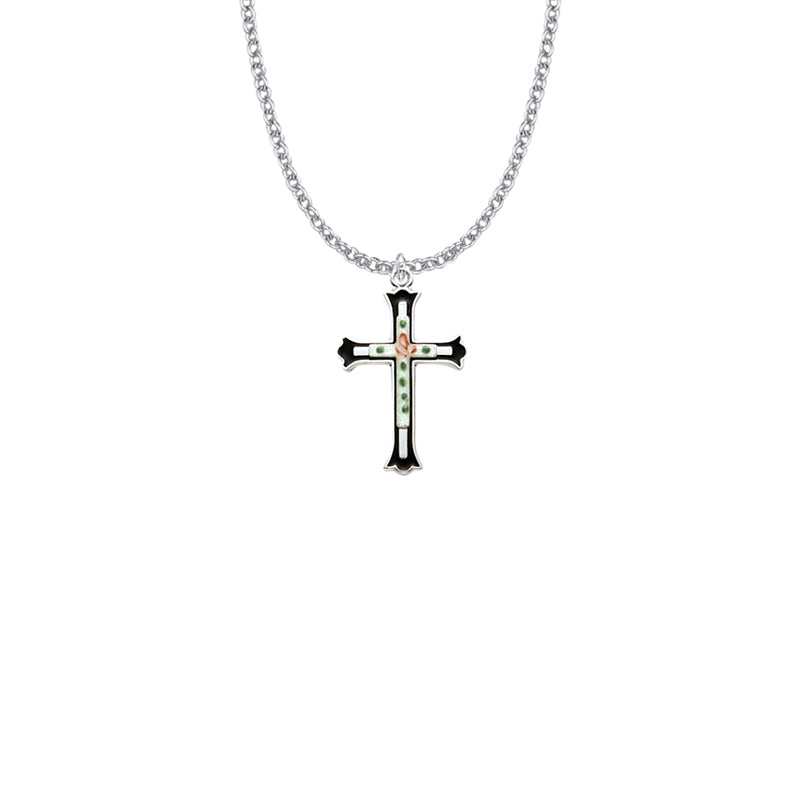 Sterling Silver Enameled Rose Cross on Budded Ends Cross Necklace
