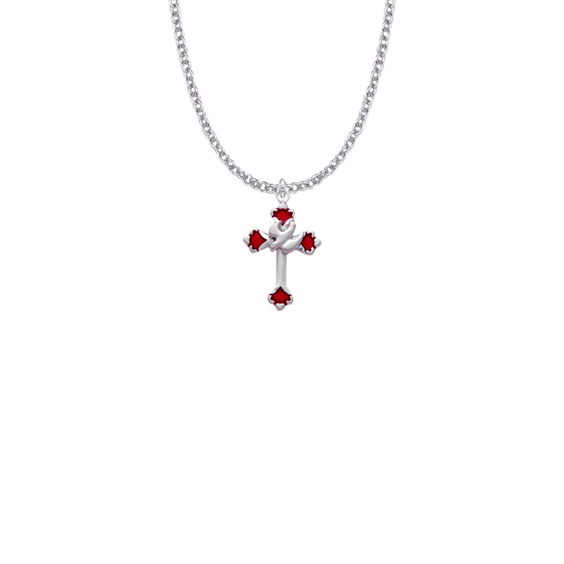 Sterling Silver and Enameled Budded Ends Dove and Cross Necklace