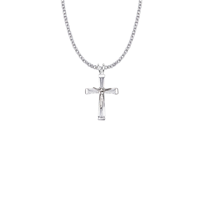 Sterling Silver Crystal Baguette with Polished Ends Crucifix Necklace