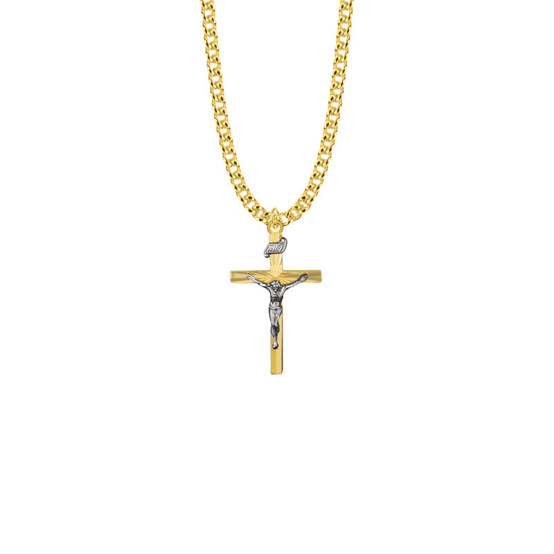 Two-Tone Gold Plated Over Sterling Silver Starburst Crucifix Necklace