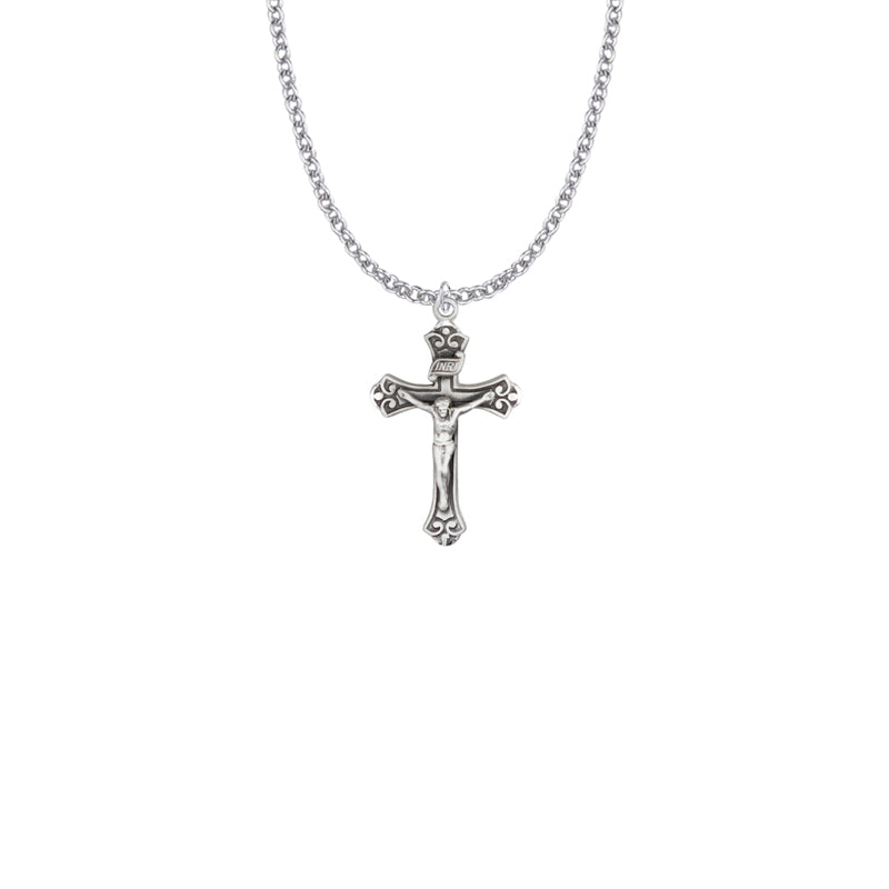 Sterling Silver Budded Ends with Diamond Drag Engraved Accents Crucifix Necklace