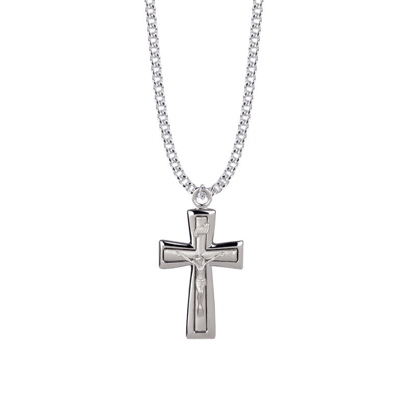 1-1/2 Inch Sterling Silver Polished Edges Crucifix Necklace