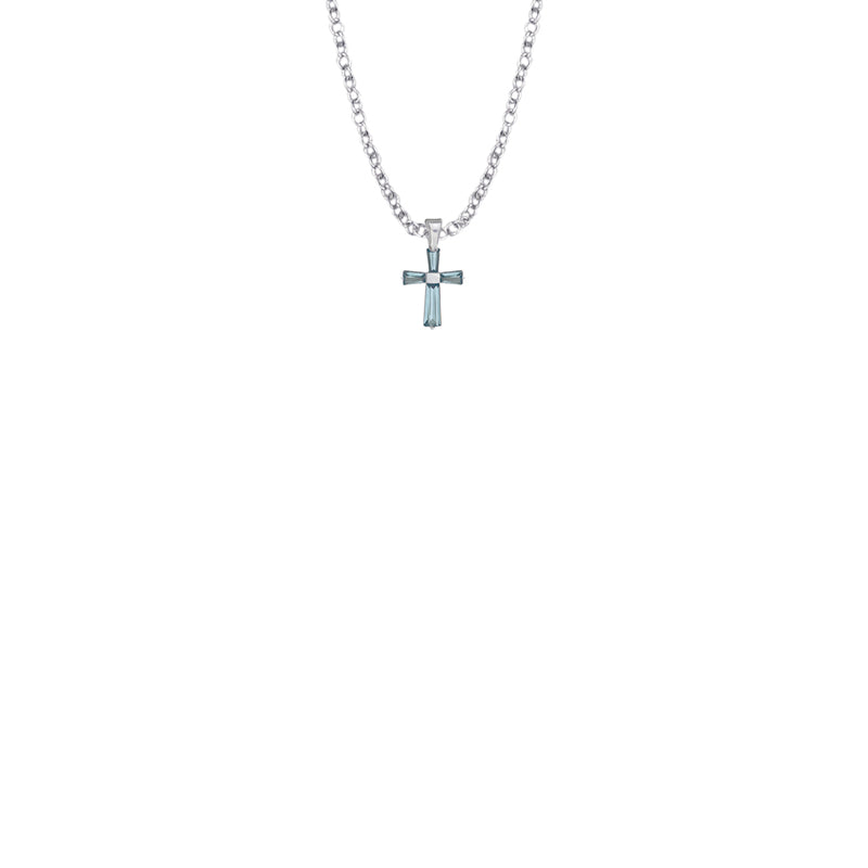 3/8 Inch Sterling Silver and Glass Crystal March Birthstone Baguette Cross Baby Necklace