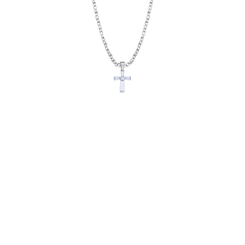 3/8 Inch Sterling Silver and Glass Crystal June Birthstone Baguette Cross Baby Necklace