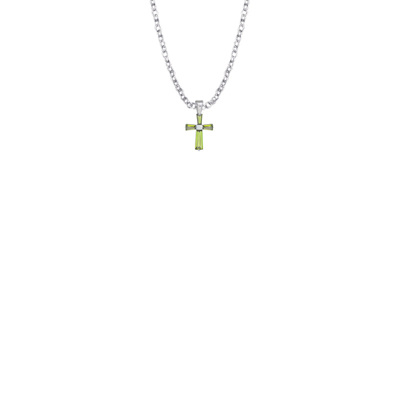 3/8 Inch Sterling Silver and Glass Crystal August Birthstone Baguette Cross Baby Necklace