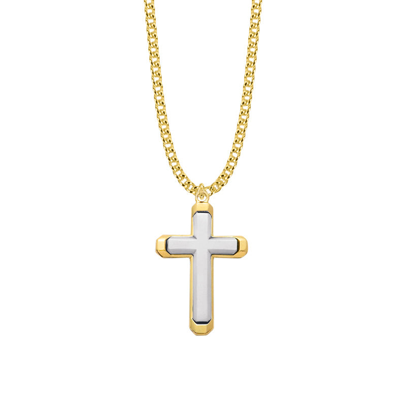 1-7/16 Inch Two-Tone Gold Plated Over Sterling Silver Beveled Cross Necklace