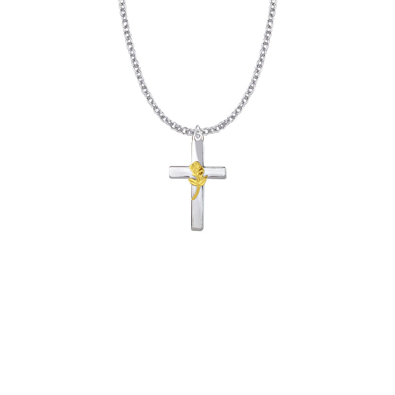 Two-Tone Sterling Silver Rose on Cross Necklace