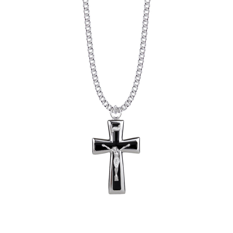 1-1/2 Inch Sterling Silver Black Enameled Crucifix Necklace