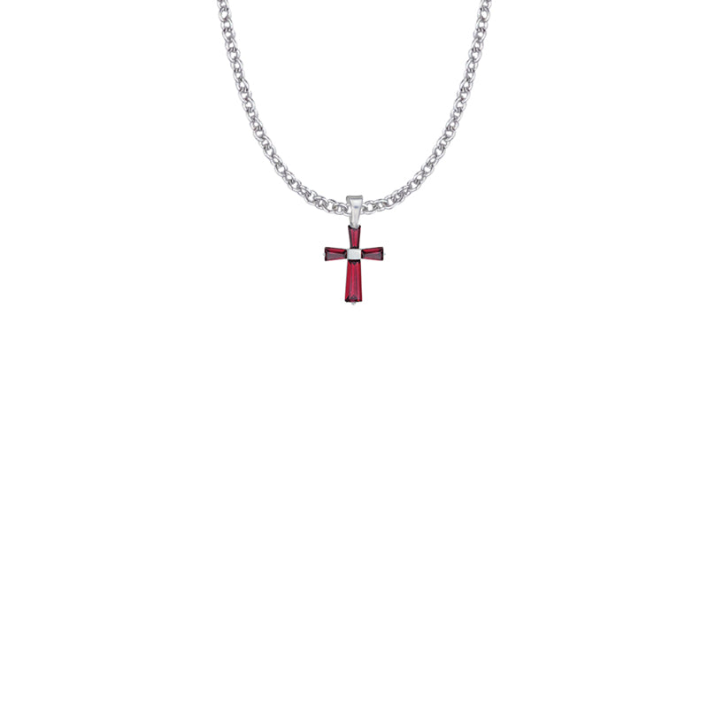 5/8 Inch Sterling Silver and Glass Crystal First Communion January Birthstone Baguette Cross Necklace