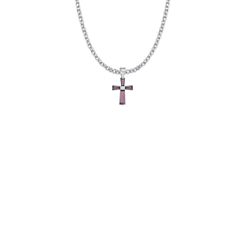 5/8 Inch Sterling Silver and Glass Crystal First Communion February Birthstone Baguette Cross Necklace