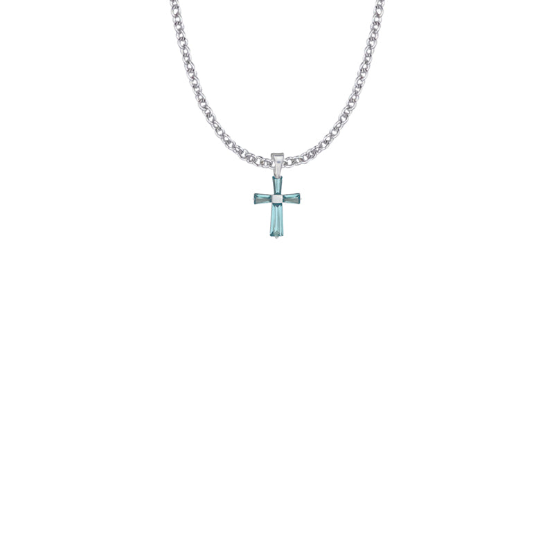 5/8 Inch Sterling Silver and Glass Crystal March Birthstone Baguette Cross Necklace