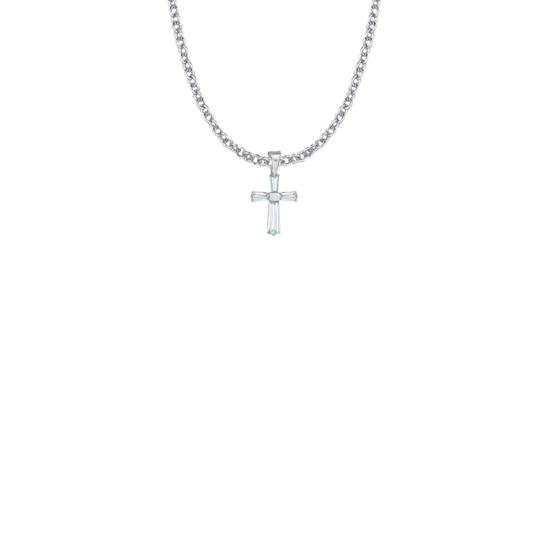 5/8 Inch Sterling Silver and Glass Crystal First Communion April Birthstone Baguette Cross Necklace