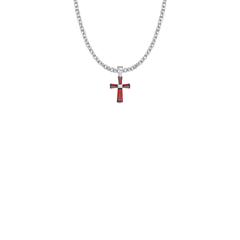 5/8 Inch Sterling Silver and Glass Crystal July Birthstone Baguette Cross Necklace