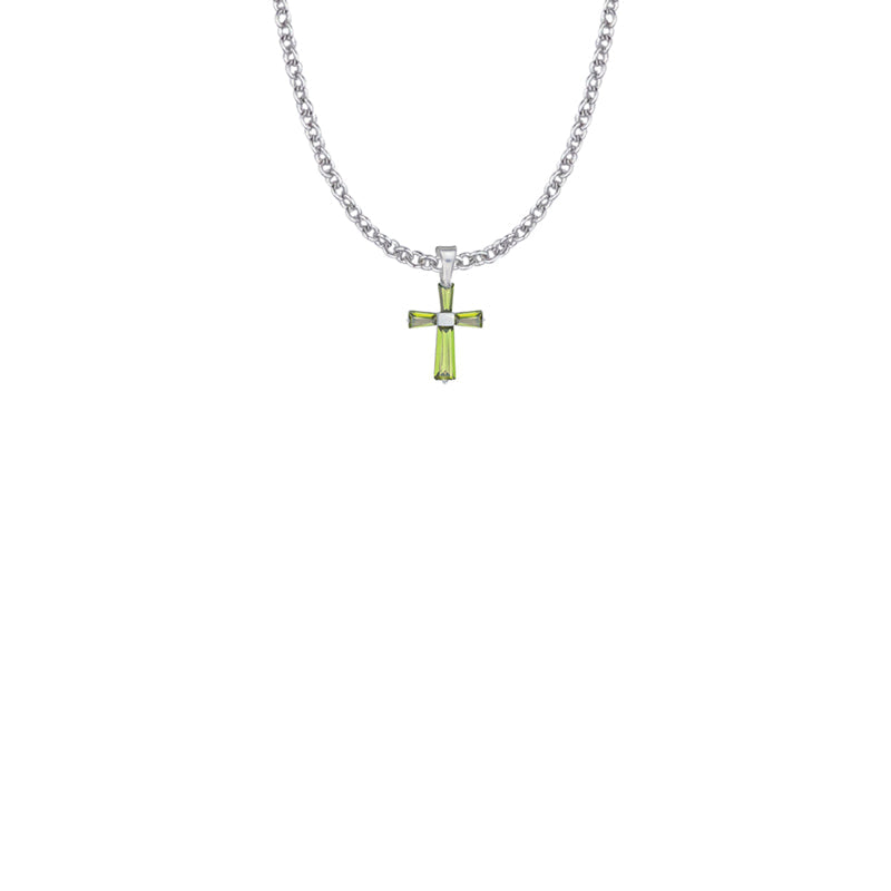 5/8 Inch Sterling Silver and Glass Crystal First Communion August Birthstone Baguette Cross Necklace