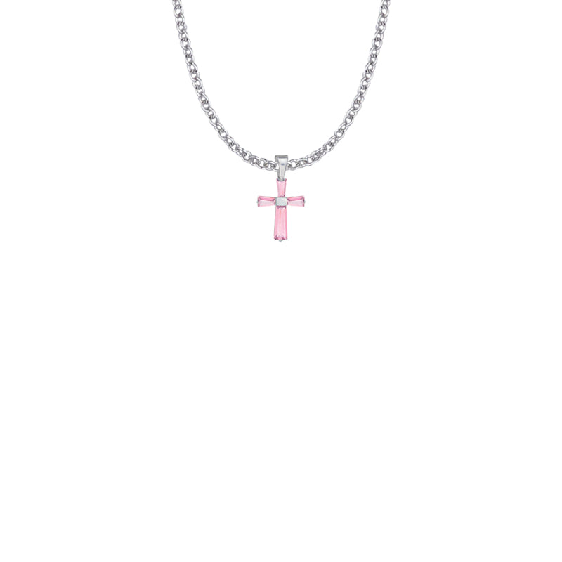 5/8 Inch Sterling Silver and Glass Crystal October Birthstone Baguette Cross Necklace