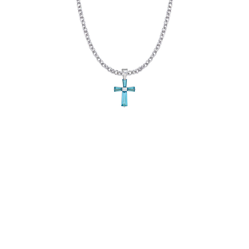 5/8 Inch Sterling Silver and Glass Crystal First Communion December Birthstone Baguette Cross Necklace