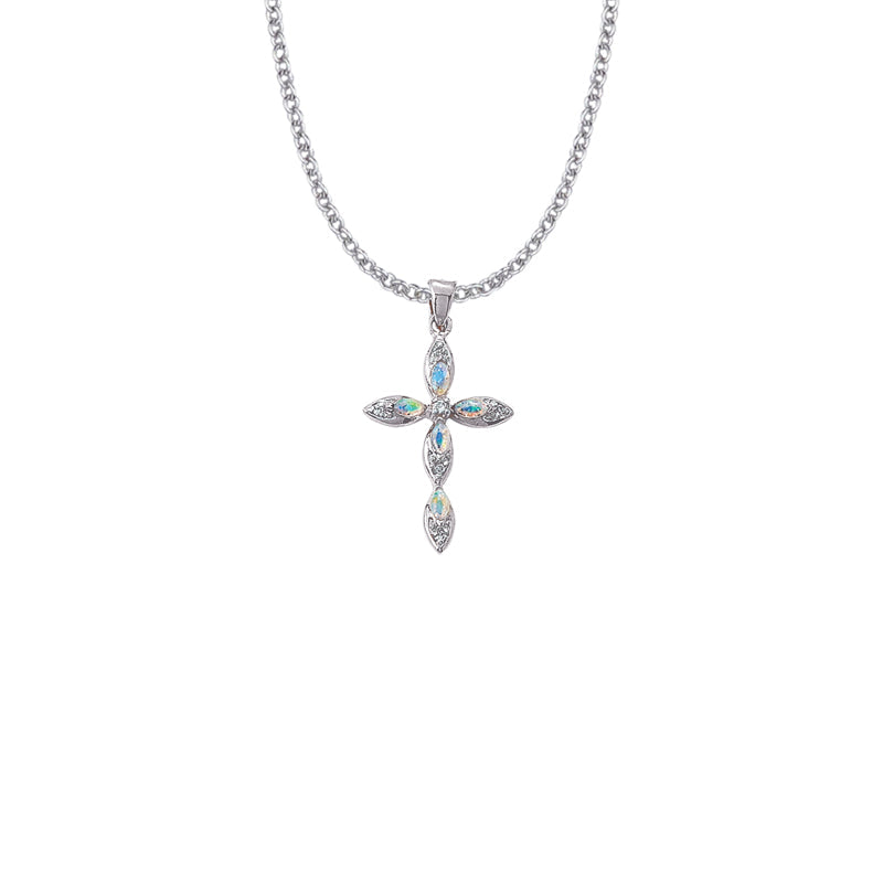 Sterling Silver Pointed Oval Ends Cross Necklace with Opal Stones